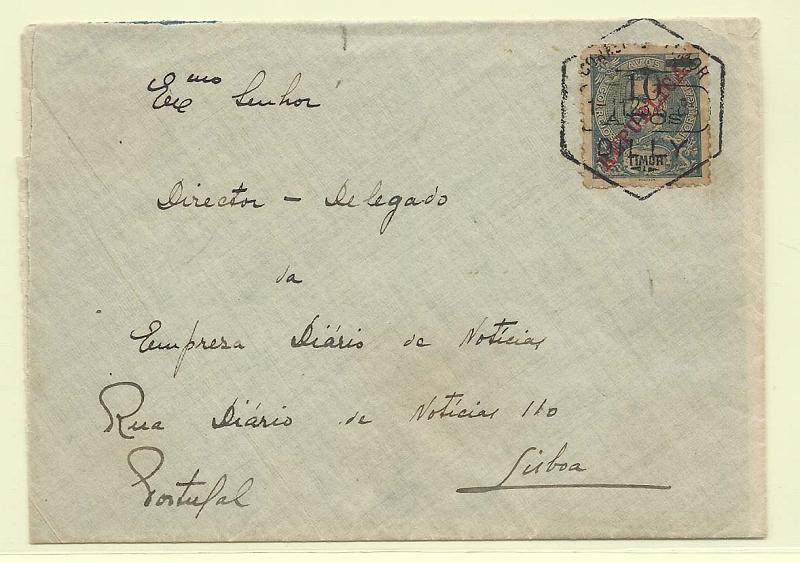 0302.jpg -     Lote:    302            Timor       Descrição:         1915 &mdash; D. Carlos I Mouchon, com sobrecarga REPUBLICA e sobretaxa, da Casa da Moeda. CE190, 10 avos s/ 12 avos ardósia, em sobrescrito circulado de Dili (01.11.23) para Lisboa. MB.        Carta       Valor Base:     &euro; 150,00     Valor Venda:     &euro; 170,00       