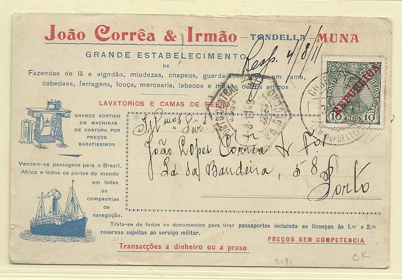 0548.jpg -     Lote:    548                   Descrição:         Publicitários. Comércio Geral + Navegação. Postal ilustrado circulado de campo de besteiros (03.03.11) com selo de 10 reis D. Manuel II com REPUBLICA.        PI       Valor Base:     &euro; 10,00     Valor Venda:     Retirado     