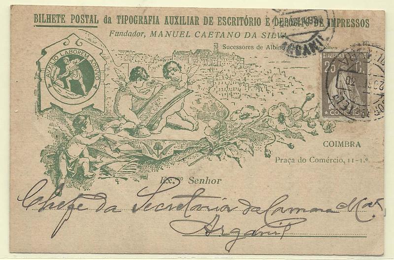 0549.jpg -     Lote:    549                   Descrição:         Publicitários * Tipografia Auxiliar de Escritório e Depósitos de Impressos. Postal ilustrado circulado com selos Ceres de 25c cinzento.        PI       Valor Base:     &euro; 8,00     Valor Venda:     &euro; 20,00       