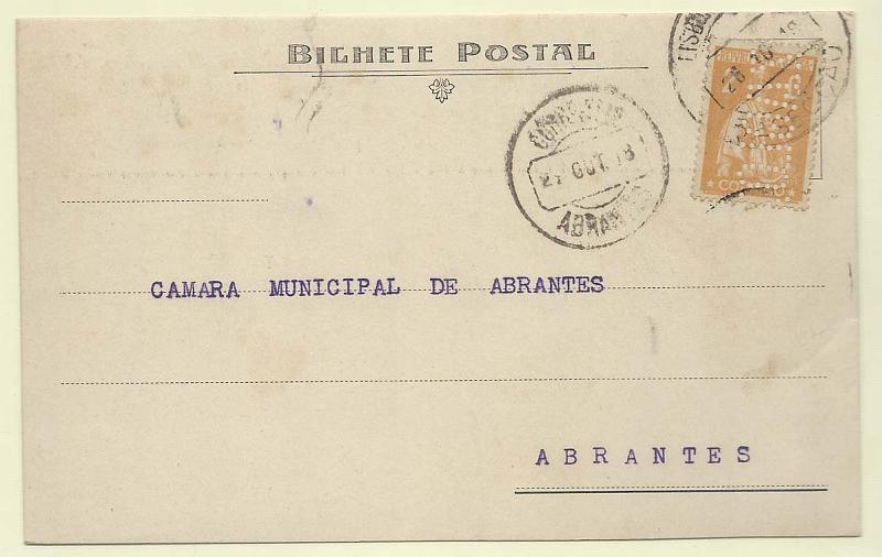 0562.jpg -     Lote:    562                   Descrição:         Perfurados. 1917/20 &mdash; Ceres. CE223, 2c amarelo/laranja, denteado 15x14, em postal circulado de Lisboa (26.10.18) para Abrantes (27.10.18). Selo com perfuração "ZAGLOS", atribuída a Buzaglos & Cia.        PI       Valor Base:     &euro; 50,00     Valor Venda:     &euro; 180,00       