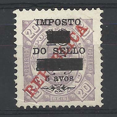 0584.jpg -     Lote:    584            Fiscais       Descrição:         Fiscais. 1920 &mdash; D. Carlos I tipo Diogo Neto com sobrecarga e sobretaxa. PB256, 5 avos s/ 18 avos s/ 20 reis lilás. Valor de catálogo &euro; 100,00.        *       Valor Base:     &euro; 40,00     Valor Venda:     Retirado     