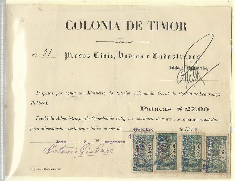 0593.jpg -     Lote:    593            Fiscais       Descrição:         Fiscais. Timor. 1935 &mdash; Recibo datado de 31.12.35 de quitação do subsídio de alimentação e vestuário atribuído a prisioneiro político com estampilhas do Imposto de  Selo *COLÓNIAS" de 5 e 10 avos PB 228 e 230 + Instrução de 2 e 5 avos PB&frac12;. MB e MR.        DOC       Valor Base:     &euro; 15,00     Valor Venda:     Retirado     