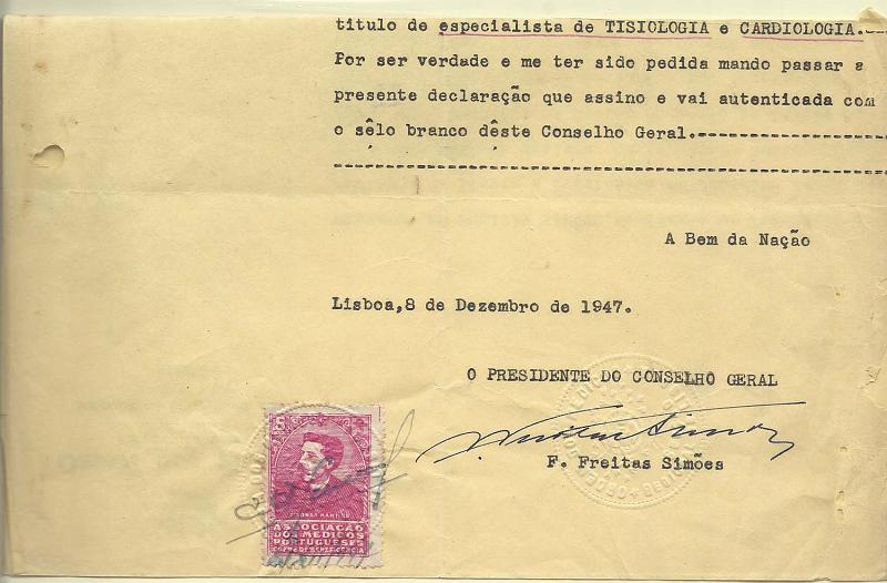 0594.jpg -     Lote:    594            Fiscais       Descrição:         Vinhetas. Associação dos Médicos Portugueses. Vinheta de 5c rosa em certidão emitida pela Ordem dos Médicos em 08.08.1947.         DOC       Valor Base:     &euro; 12,00     Valor Venda:     &euro; 16,00       