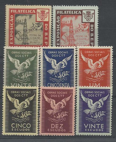 0600.jpg -     Lote:    600            Vinhetas       Descrição:         Vinhetas. 1947 &mdash; Bepex + Obras Sociais dos CTT. Lote composto pelas séries completas. MB.        **       Valor Base:     &euro; 5,00     Valor Venda:     &euro; 10,00       