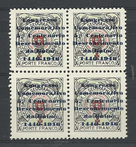 0604.jpg -     Lote:    604            Vinhetas       Descrição:         Vinhetas. Sociedade de Geografia de Lisboa. Congresso Comemorativo do 5.º Centenário do Descobrimento da Guiné 1446-1946. Quadra de selos CE SGL22 com sobrecarga a azul.        ***       Valor Base:     &euro; 10,00     Valor Venda:     &euro; 50,00       