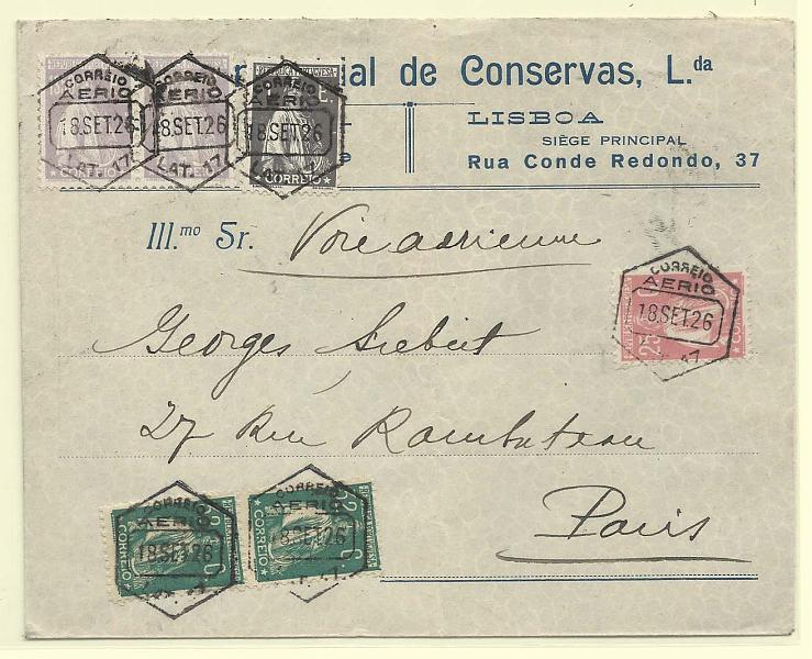 0610.jpg -     Lote:    610      Correio Aéreo      Portugal       Descrição:         1926 &mdash; Lisboa &mdash; Tanger pela Latécoère. Sobrescrito circulado de Lisboa (18.09.26) para Paris com selos tipo Ceres de 25C CE255, + 2x32C CE282, + 1E CE288 + par de 1$50 CE290, todos obliterados com o carimbo comemorativo "LAT. 17". MB e MR.        Aéreo       Valor Base:     &euro; 150,00     Valor Venda:     &euro; 200,00       