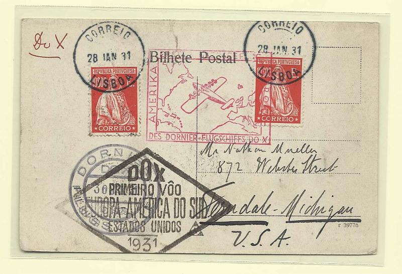 0612.jpg -     Lote:    612      Correio Aéreo      Portugal       Descrição:         1931 &mdash; DOX . Primeiro Voo Europa América. Postal ilustrado circulado de Lisboa (28.01.31) para USA (07.08.31) com trânsito pelo Rio de Janeiro (22.06.31), com dois selos de 10$00 tipo Ceres, emissão Londres CE419. MB.        Aéreo       Valor Base:     &euro; 100,00     Valor Venda:     Retirado     
