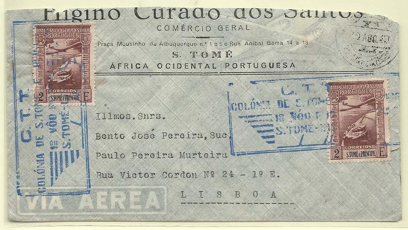 0626.jpg -     Lote:    626      Correio Aéreo      São Tomé e Príncipe       Descrição:         1949 &mdash; 1.º Voo S. Tomé &mdash; Lisboa. Sobrescrito circulado de S. Tomé (20.08.49) para Lisboa (24.08.49) com dois selos de 2$00 CE CA14, obliterados com carimbo comemorativo batido a azul "C.T.T. / COLÓNIA DE S. TOMÉ E PRÍNCIPE / 1.º VOO POSTAL / S. TOMÉ &mdash; LISBOA".         Aéreo       Valor Base:     &euro; 20,00     Valor Venda:     Retirado     