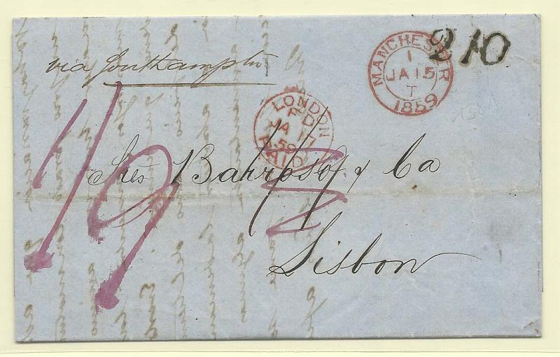 0629.jpg -     Lote:    629      Correio Marítimo      Portugal       Descrição:         Correio marítimo. Marcas pré-filatélicas. Carta remetida de Londres (17.01.1859) para Lisboa (24.01.59) com o porte de 210 reis. Carimbo circular datado de Lisboa GM LSB21 batido a preto.        Carta       Valor Base:     &euro; 6,00     Valor Venda:     &euro; 18,00       
