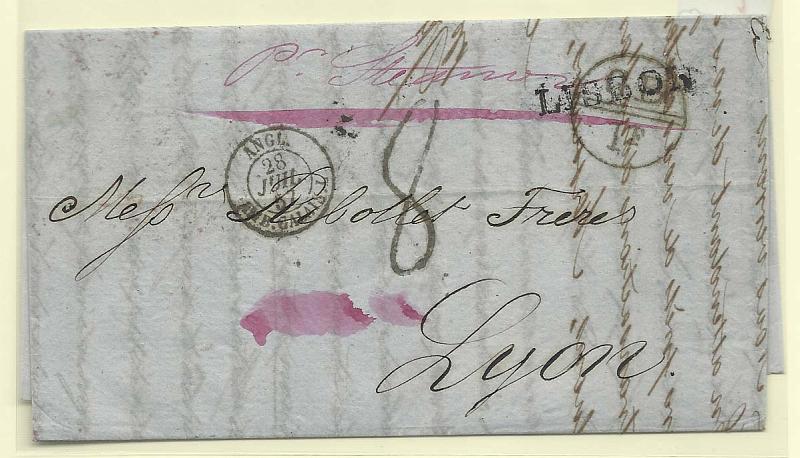 0631.jpg -     Lote:    631      Correio Marítimo      Portugal       Descrição:         Correio marítimo. Marca do agente inglês em Lisboa. Sobrescrito circulado de Lisboa (17.07.1857) para Lyon (30.07.57) com trânsito por Londres (28.07.57). Marca batida preto "LISBON".        Carta       Valor Base:     &euro; 20,00     Valor Venda:     &euro; 28,00       