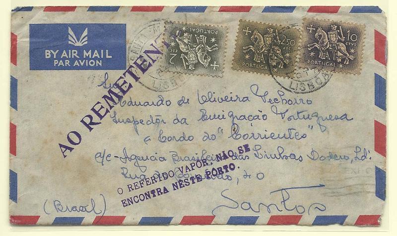 0640.jpg -     Lote:    640      Correio Marítimo      Portugal       Descrição:         Correio marítimo. Marcas administrativas. 1953 &mdash; Cavaleiro Medieval. Sobrescrito circulado de Lisboa (14.12.57) para bordo do Paquete CORRIENTES ao cuidado da Agência Brasileira de Linhas Dodero em Santos (31.12.57). Devolvido ao remetente com carimbo batido a violeta "O REFERIDO VAPOR NÃO SE / ENCONTRA NESTE PORTO".        Carta       Valor Base:     &euro; 20,00     Valor Venda:     &euro; 20,00       