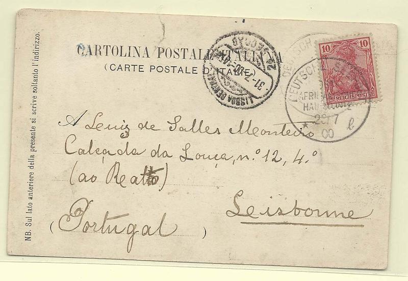 0641.jpg -     Lote:    641      Correio Marítimo      Portugal       Descrição:         Correio marítimo. Paquetes alemães. Postal ilustrado lançado a bordo de paquete (28.07.00) para Lisboa (31.07.00) com selo de 10pf. Carimbo não catalogado por Cockrill (Tipo IV letra l).        PI       Valor Base:     &euro; 15,00     Valor Venda:     &euro; 24,00       