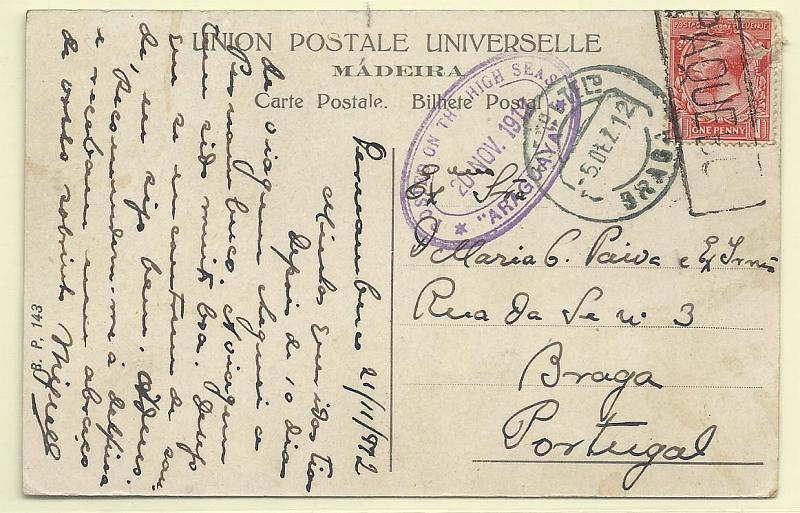 0642.jpg -     Lote:    642      Correio Marítimo      Portugal       Descrição:         Correio marítimo. Marcas de denominação de origem. Postal ilustrado remetido de Pernanbuco (21.11.12) lançado a bordo do Paquete ARAGUAYA" (20.11.12), para Braga (05.12.12) com selo inglês de 1p. obliterado com carimbo batido a preto "PAQUEBOT".        PI       Valor Base:     &euro; 15,00     Valor Venda:     Retirado     