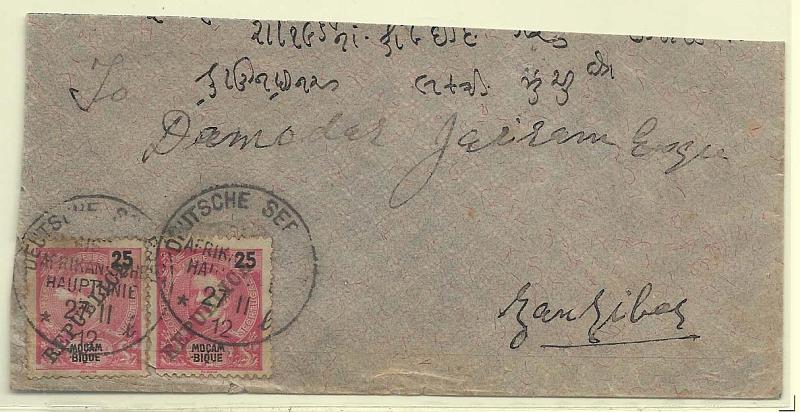 0647.jpg -     Lote:    647      Correio Marítimo      Moçambique       Descrição:         Correio marítimo. Paquetes alemães. 1911 &mdash; D. Carlos I Mouchon, com sobrecarga REPUBLICA. CE108, 25 reis carmim. Dois selos em carta (aparado no bordo superior) lançada a bordo de paquete alemão (marca não catalogada) em 27.11.12 para Zanzibar ((27.11.12).         Carta       Valor Base:     &euro; 50,00     Valor Venda:     &euro; 50,00       