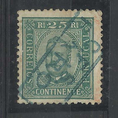 0649.jpg -     Lote:    649      Correio Ferroviário      Portugal       Descrição:         Marcas nominativas ferroviárias. 1892/93 &mdash; D. Carlos I tipo Diogo Neto. CE70, 25 reis verde, obliterado com carimbo batido a azul "C.F.S. / FARO". MB e MR.        O       Valor Base:     &euro; 50,00     Valor Venda:     Retirado     