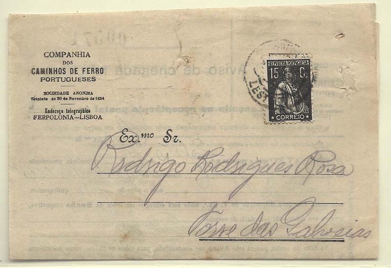 0651.jpg -     Lote:    651      Correio Ferroviário      Portugal        Descrição:         Marcas do correio ferroviário. Aviso de Chegada da Companhia dos Caminhos de Ferro Portugueses remetido pela Ambulância Leste I (26.06.26) para Torre de Galveias com selo tipo Ceres de 15c preto CE253. No interior carimbo nominativo batido a preto "PONTE DE SÔR".        IMP       Valor Base:     &euro; 25,00     Valor Venda:     &euro; 32,00       