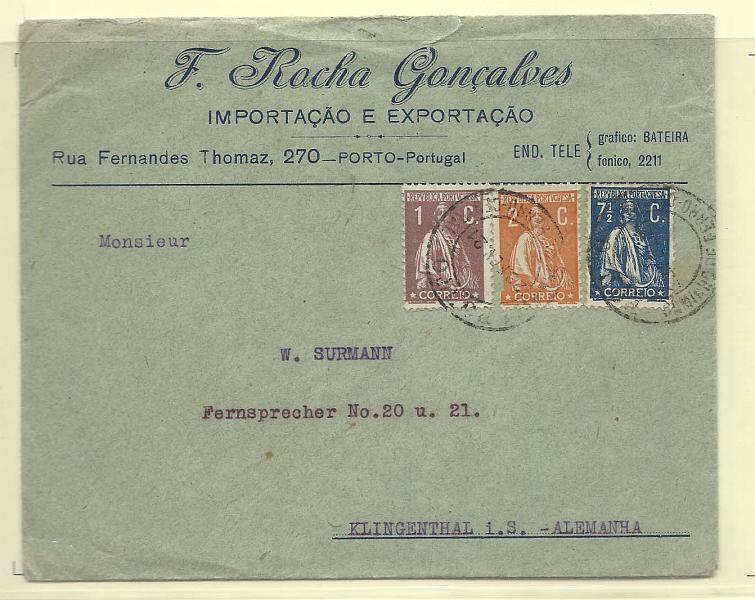 0653.jpg -     Lote:    653      Correio Ferroviário      Portugal        Descrição:         Correio ferroviário. Marca postais. 1917/20 &mdash; Ceres. Sobrescrito circulado do Porto (20.02.21) para a Alemanha com selos de 1c, 2c e 7 &frac12; c CE221, 223 e 229. Carimbo batido a preto "PORTO / CAMINHO DE FERRO CENTRAL".        Carta       Valor Base:     &euro; 10,00     Valor Venda:     &euro; 10,00       