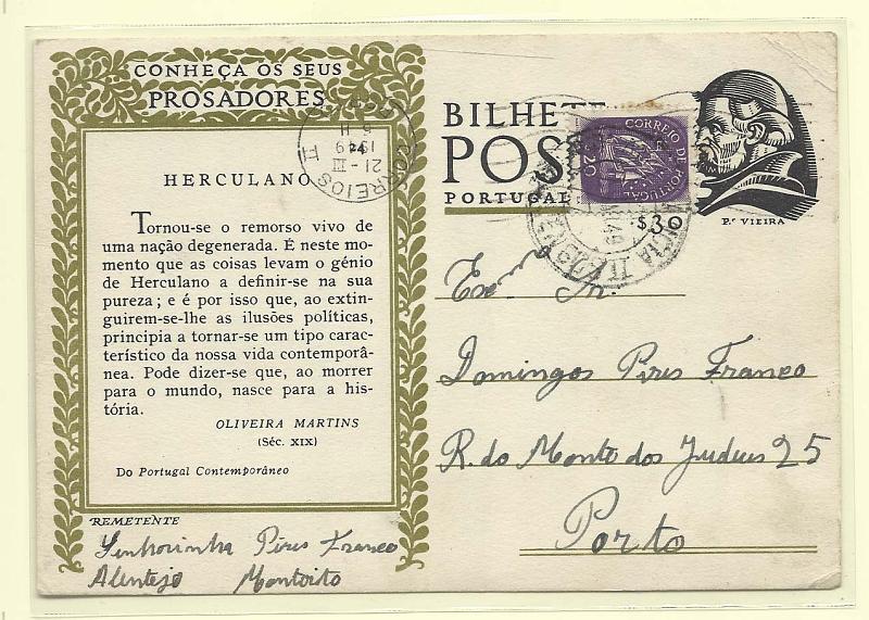 0654.jpg -     Lote:    654      Correio Ferroviário      Portugal        Descrição:         Correio ferroviário. Ambulâncias. Inteiro postal OM111 (N.º 24) circulado pela ambulância Reguengos II (20.03.49) para Lisboa (21.03.49). Carimbo batido a preto "AMBULÂNCIA / REGUENGOS II". MR.         IC       Valor Base:     &euro; 25,00     Valor Venda:     &euro; 46,00       