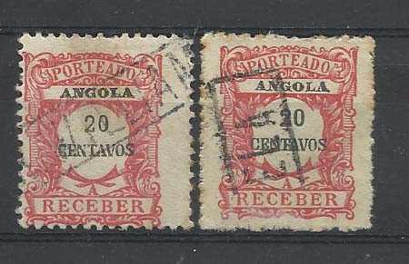 0656.jpg -     Lote:    656      Correio Ferroviário      Angola       Descrição:         Correio ferroviário. Carimbos nominativos de estações ferroviárias. Lote de dois selos de 20c tipo emissão regular de Angola obliterados com carimbos batidos a preto de "BENGUELA" e "R. WILLIAMS".         O       Valor Base:     &euro; 12,00     Valor Venda:     &euro; 12,00       