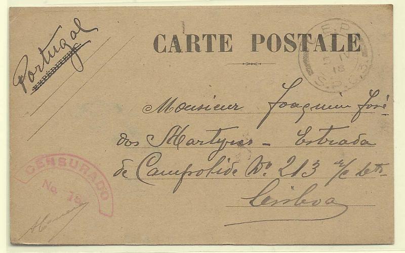 0663.jpg -     Lote:    663            1.ª Guerra Mundial       Descrição:         1.ª Guerra Mundial. Isentos de franquia. Cartão postal fornecido pelos franceses aos militares portugueses, circulado isento de franquia do S.P.C. 3 (03.04.18) para Lisboa.        IC       Valor Base:     &euro; 10,00     Valor Venda:     Retirado     