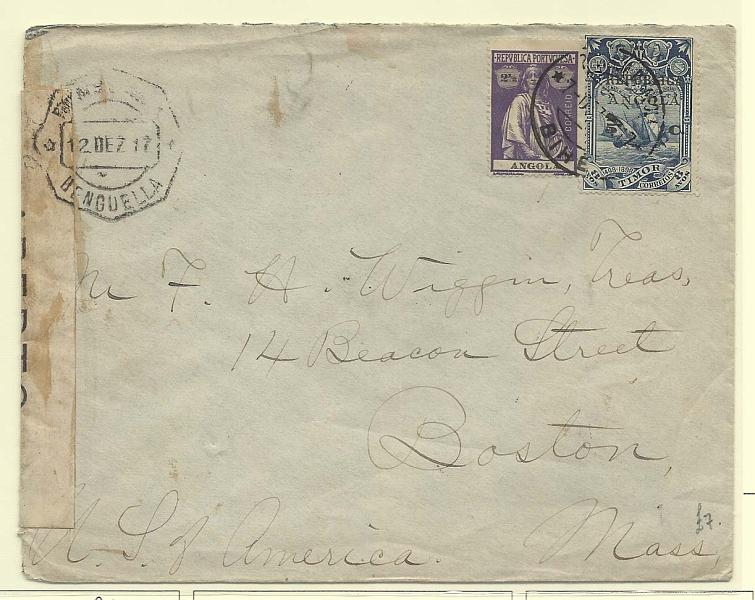 0665.jpg -     Lote:    665            1.ª Guerra Mundial       Descrição:         1.ª Guerra Mundial. Censuras. 1913/14 &mdash; Ceres + Centenário da Índia com sobrecarga REPUBLICA e sobretaxa sobre selos de Timor. CE138, 5c s/ 8 avos + CE147, 2 &frac12; c. Sobrescrito circulado do Bié (07.12.17) para Boston, com trânsito por Benguela (12.12.71) onde foi censurado e fechado com cinta branca impressa com "ABERTO / PELA / CENSURA" amarrada ao sobrescrito com carimbo da estação postal. MB e MR.        Carta       Valor Base:     &euro; 250,00     Valor Venda:     Retirado     