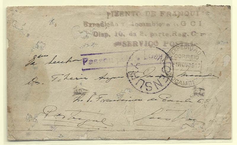 0667.jpg -     Lote:    667            1.ª Guerra Mundial       Descrição:         1.ª Guerra Mundial. Expedição a Moçambique. Sobrescrito circulado isento de franquia de Moçambique (05.11.17) para Lisboa (27.12.17). Carimbo batido a sépia "ISENTO DE FRANQUIA / EXPEDIÇÃO A MOÇAMBIQUE DA GCI ????? / DISP. 10 DA 2.ª PARTE REG. CAMPANHA / SERVIÇO POSTAL". Sobrescrito com defeitos, porém com marca muito rara. Carimbos de censura a violeta e preto.        Carta       Valor Base:     &euro; 75,00     Valor Venda:     &euro; 550,00       