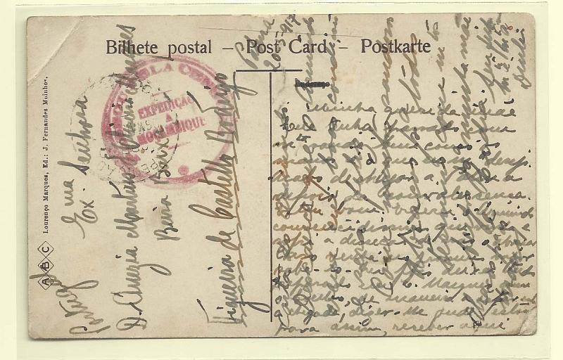 0671.jpg -     Lote:    671            1.ª Guerra Mundial       Descrição:         1.ª Guerra Mundial. Expedição a Moçambique. Censuras. Postal ilustrado circulado isento de franquia de Moçambique (26.05.17) para Figueira de Castelo Rodrigo. Carimbo de censura batido a vermelho "PASSOU PELA CENSURA / EXPEDIÇÃO / A / MOÇAMBIQUE".        IP       Valor Base:     &euro; 12,00     Valor Venda:     &euro; 18,00       