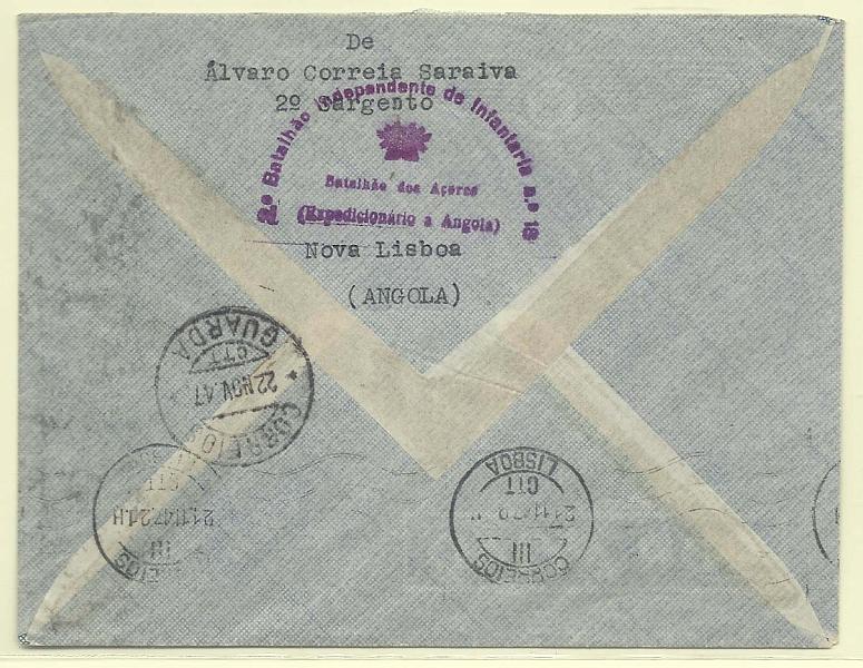 0677.jpg -     Lote:    677            2.ª Guerra Mundial       Descrição:         1939/45 &mdash; 2.ª Guerra Mundial. Expedição Militar a Angola. Sobrescrito circulado de Nova Lisboa (13.11.47) para a Guarda (22.11.47). No verso carimbo batido a violeta "2.º Batalhão Independente de Infantaria n.º 18 / Batalhão dos Açores / (Expedicionário a Angola)". MB e MR.        Carta       Valor Base:     &euro; 100,00     Valor Venda:     &euro; 100,00       