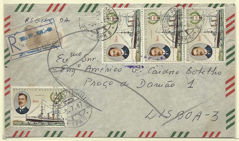 0686.jpg -     Lote:    686            Guerra Colonial       Descrição:         Guerra Colonial. Serviço postal Militar. Sobrescrito circulado registado da E.P.M.-6 (03.07.67) para Lisboa (05.07.67) com 4 selos de 1$00 CE516. Etiqueta de registo com carimbo batido a azul E.P.M.-6        Carta       Valor Base:     &euro; 10,00     Valor Venda:     &euro; 16,00       