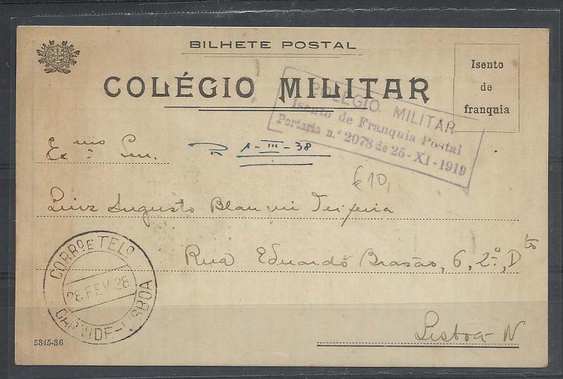 0689.jpg -     Lote:    689            Isentos de franquia       Descrição:         Isentos de franquia. Colégio Militar. Postal circulado isento de franquia (carimbo violeta) de Campo de Ourique (28.02.28) para Lisboa.        PI       Valor Base:     &euro; 10,00     Valor Venda:     Retirado     