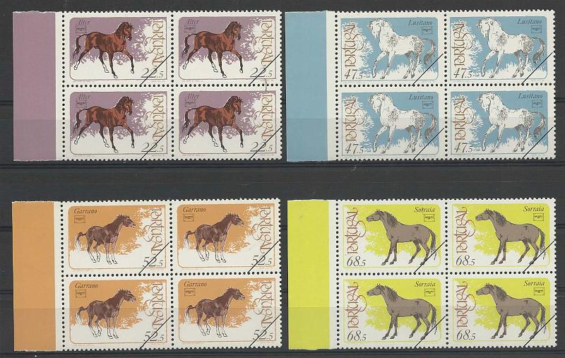 0709.jpg -     Lote:    709            Portugal       Descrição:         1986 &mdash; Cavalos de raça Portuguesa. CE17659/62. Série completa em quadras com traço oblíquo a preto no canto inferior direito. Exemplares de oferta dos CTT.        PRV       Valor Base:     &euro; 15,00     Valor Venda:     Retirado     