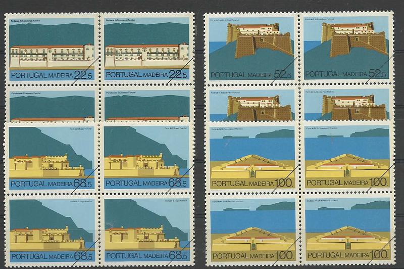 0711.jpg -     Lote:    711            Portugal       Descrição:         1986 &mdash; Fortalezas da Madeira. CE1764/1767. Série completa em quadras com traço oblíquo a preto no canto inferior direito. Exemplares de oferta dos CTT.        PRV       Valor Base:     &euro; 12,00     Valor Venda:     Retirado     