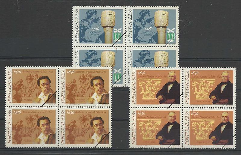 0712.jpg -     Lote:    712            Portugal       Descrição:         1986 &mdash; Datas da História. CE1768/70. Série completa em quadras com traço oblíquo a preto no canto inferior direito. Exemplares de oferta dos CTT.        PRV       Valor Base:     &euro; 12,00     Valor Venda:     Retirado     