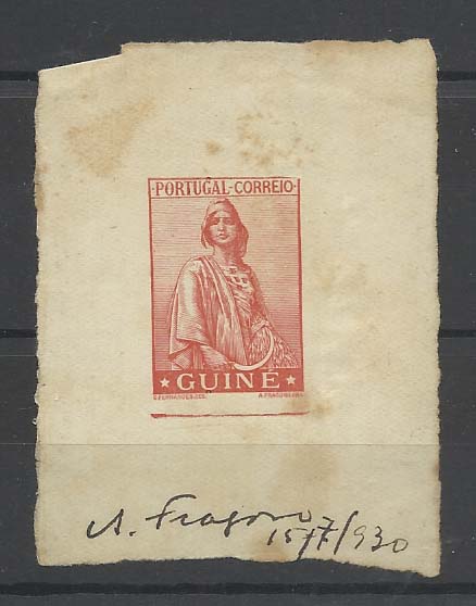 0721.jpg -     Lote:    721            Guiné       Descrição:         1933 &mdash; Ceres. Novo tipo. Prova de cor (laranja) não denteada em papel esmalte, sem impressão do valor. Assinada por A. Fragosa / 15/7/930. MB e R.        PRV       Valor Base:     &euro; 30,00     Valor Venda:     &euro; 95,00       
