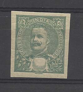 0723.jpg -     Lote:    723            Índia Portuguesa       Descrição:         1898/1900 &mdash; D. Carlos I Mouchon. Prova em verde escuro sem impressão da taxa, não denteada, com goma original, sem sinal de charneira. Cor aprovada para a taxa de 6 reis.         PRV       Valor Base:     &euro; 10,00     Valor Venda:     Retirado     