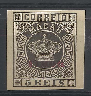 0724.jpg -     Lote:    724            Macau       Descrição:         1886 &mdash; Tipo Coroa. CE1, 5 reis preto. Prova não denteada com sobrecarga "TIMOR a vermelho. B e MR.        PRV       Valor Base:     &euro; 30,00     Valor Venda:     &euro; 42,00       