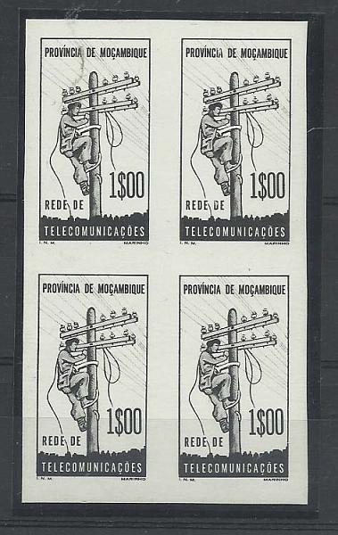 0728.jpg -     Lote:    728            Moçambique       Descrição:         1965 &mdash; Imposto postal. Rede de telecomunicações. CE IP71, 1$00. Quadra de provas da moldura em preto, não denteadas. Mb e R.         PRV       Valor Base:     &euro; 15,00     Valor Venda:     Retirado     
