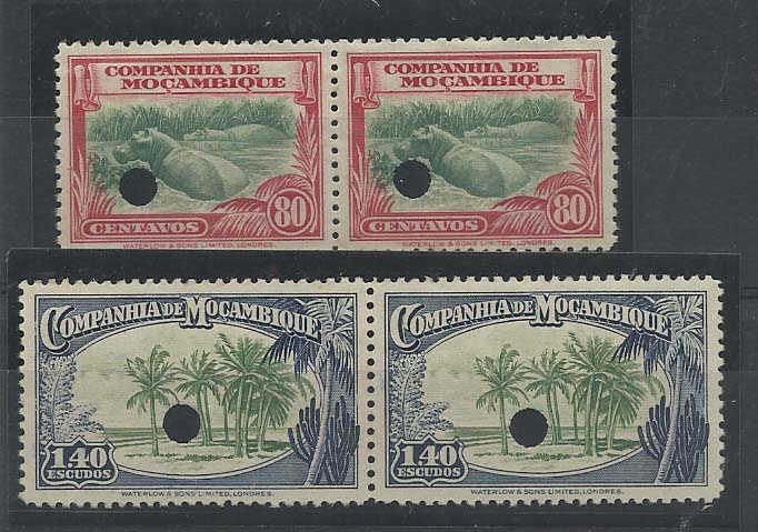 0732.jpg -     Lote:    732            Companhia de Moçambique       Descrição:         1937 &mdash; Motivos locais. CE183, 80c carmim e verde + CE186, 1$40 azul e verde. .Lote composto por dois pares de provas finais, denteadas, com furos de segurança da casa impressora.        PRV       Valor Base:     &euro; 32,00     Valor Venda:     Retirado     