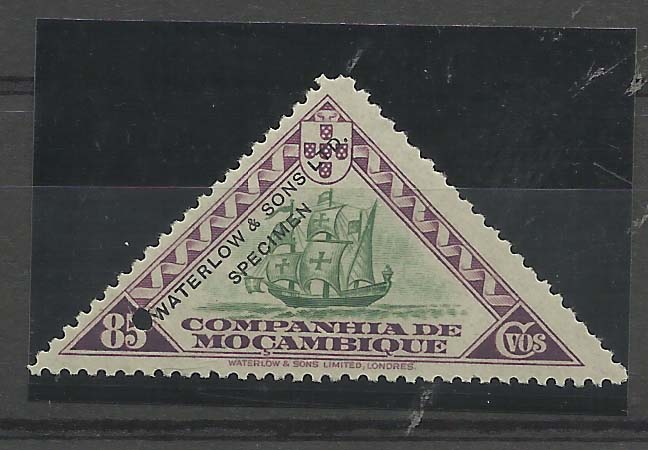 0733.jpg -     Lote:    733            Companhia de Moçambique       Descrição:         1937 &mdash; Motivos locais. CE184, 85c. Prova denteada em violeta e verde (cores não aprovadas para este valor) com sobrecarga a preto "WATERLOW & SONS LTD / SPECIMEN".         PRV       Valor Base:     &euro; 15,00     Valor Venda:     Retirado     