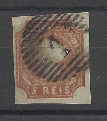 0834.jpg -     Lote:    834            Portugal       Descrição:         1853 &mdash; D. Maria II. CE1, 5 reis castanho amarelo, cunho II com 3 margens normais e uma margem curta. Valor de catálogo &euro; 1.760,00.        O       Valor Base:     &euro; 100,00     Valor Venda:     Retirado     