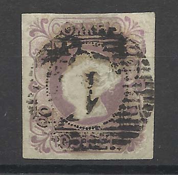 0838.jpg -     Lote:    838            Portugal       Descrição:         1853 &mdash; D. Maria II. CE4, 100 reis lilás. Selo usado com margens curtas. Valor de catálogo &euro; 3.430,00.        O       Valor Base:     &euro; 250,00     Valor Venda:     &euro; 340,00       