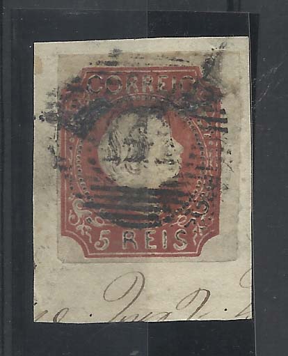 0839.jpg -     Lote:    839            Portugal       Descrição:         1855/86 &mdash; D. Pedro V. cabelos lisos. CE5, 5 reis castanho vermelho, cunho IV. Selo em fragmento, com uma margem curta e duas margens largas. Valor de catálogo 1.610,00.        FRG       Valor Base:     &euro; 75,00     Valor Venda:     &euro; 75,00       