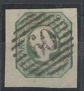 0841.jpg -     Lote:    841            Portugal       Descrição:         1855/56 &mdash; D. pedro V, cabelos lisos. CE8, 50 reis verde azul, com boas margens. Carimbo numérico "60 &mdash; FEIRA". Valor de catálogo &euro; 180,00.        O       Valor Base:     &euro; 20,00     Valor Venda:     &euro; 48,00       