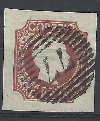0845.jpg -     Lote:    845            Portugal       Descrição:         1856/58 &mdash; D. Pedro V, cabelos anelados. CE10, 5 reis castanho, cunho X, com margens excepcionais, obliterado com carimbo numérico "77 &mdash; COIMBRA" tipo 4.7.4.        O       Valor Base:     &euro; 35,00     Valor Venda:     &euro; 60,00       