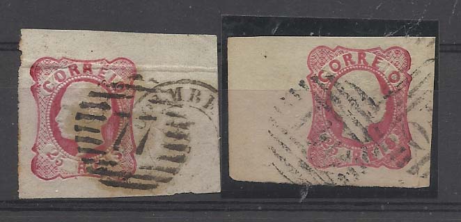 0854.jpg -     Lote:    854            Portugal       Descrição:         1856/1862 &mdash; D. Pedro V, cabelos anelados + D. Luís I. Lote de dois selos de 25 reis carmim CE13 + CE16 bordos de folha com margens excepcionais, obliterados com carimbos numéricos da 1.ª reforma "140" e "77". MB.        O       Valor Base:     &euro; 6,00     Valor Venda:     &euro; 6,00       