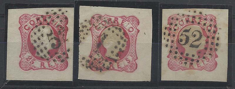 0856.jpg -     Lote:    856            Portugal       Descrição:         1856/58 &mdash; D. Pedro V, cabelos anelados. CE13, 25 reis carmim rosa. Lote de 3 selos com margens excepcionais.         O       Valor Base:     &euro; 10,00     Valor Venda:     &euro; 12,00       