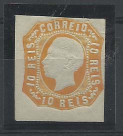 0859.jpg -     Lote:    859            Portugal       Descrição:         1862/64 &mdash; D. Luís I. CE15, 10 reis amarelo laranja. Selos com duas margens curtas e duas largas. Valor de catálogo &euro; 289,00.        **       Valor Base:     &euro; 25,00     Valor Venda:     Retirado     
