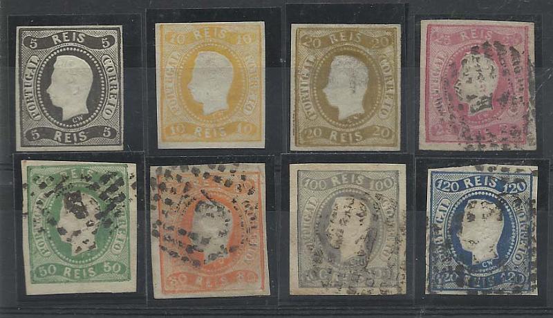 0864.jpg -     Lote:    864            Portugal       Descrição:         1866/67 &mdash; D. Luís I. Fita curva, não denteados. CE19/26. Série completa. Valor de catálogo 976,60.        O       Valor Base:     &euro; 50,00     Valor Venda:     Retirado     