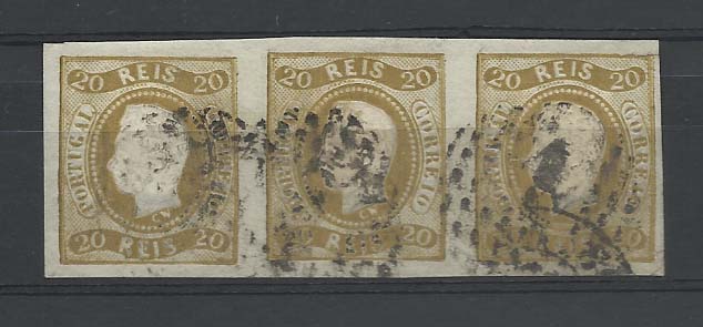 0869.jpg -     Lote:    869            Portugal       Descrição:         1866/67 &mdash; D. Luís I. Fita curva, não denteados. CE21, 20 reis bistre. Tira horizontal com 3 selos. MB e R. Valor de catálogo &euro; 339,00.        O       Valor Base:     &euro; 30,00     Valor Venda:     Retirado     