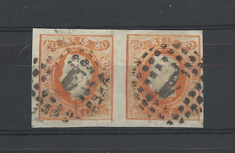 0872.jpg -     Lote:    872            Portugal       Descrição:         1866/67 &mdash; D. Luís I. Fita curva, não denteados. CE24, 80 reis laranja. Par horizontal com boas margens. Valor de catálogo &euro; 236,00.        O       Valor Base:     &euro; 25,00     Valor Venda:     Retirado     